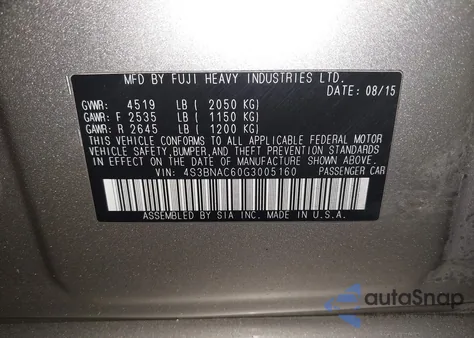 2016 Subaru Legacy 2.5I Premium z USA, uszkodzony, nr VIN 4S3BNAC60G3005160